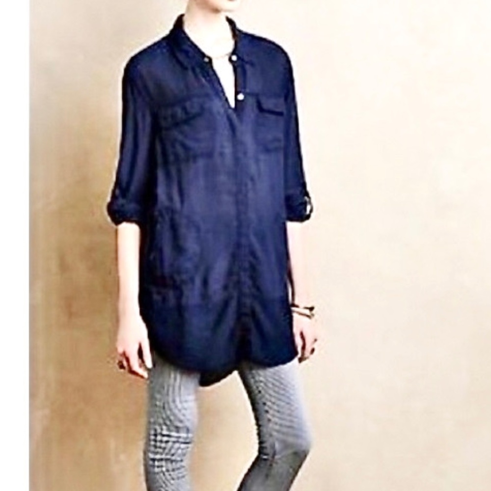 Anthropologie Holding Horses Navy Blue Button Down Roll Up Sleeve Blouse